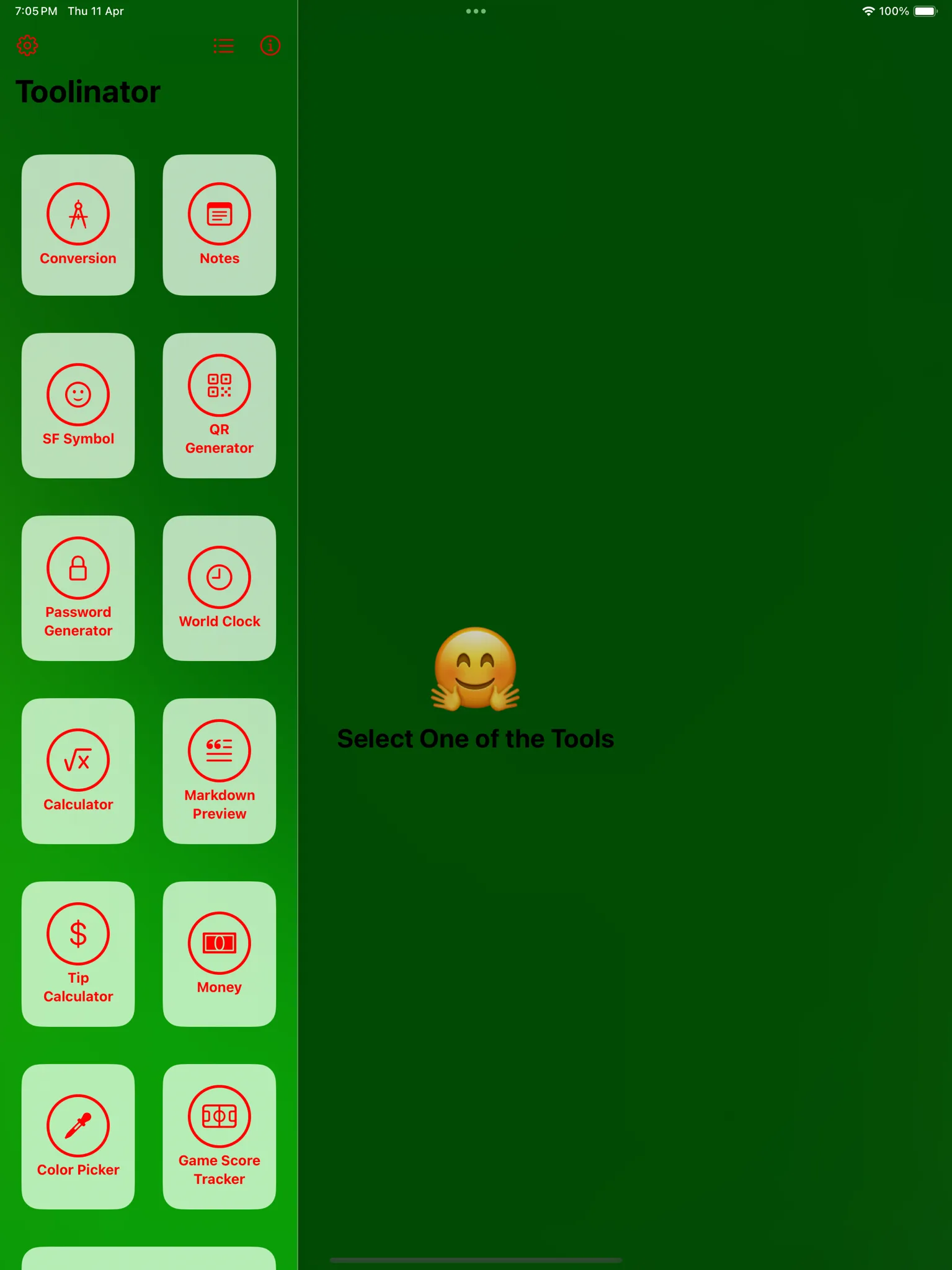 Toolinator on iPad with the tool sidebar