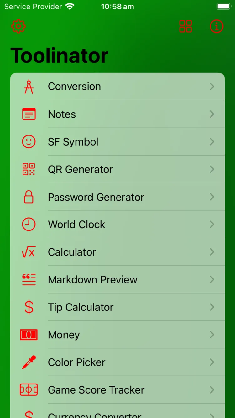 Toolinator home screen with tools in a list